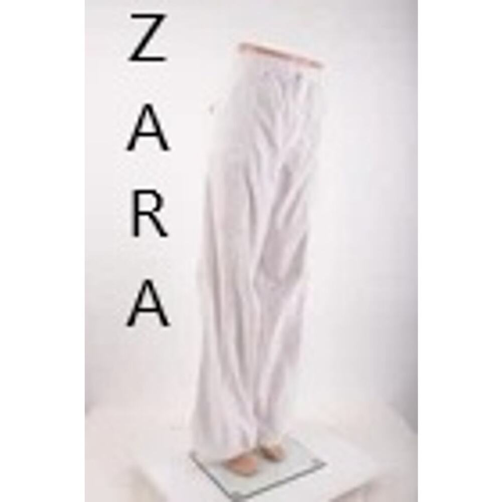 Zara Women S White High Rise Cotton Pants Wide Leg Cinch Drawstring 5520/207